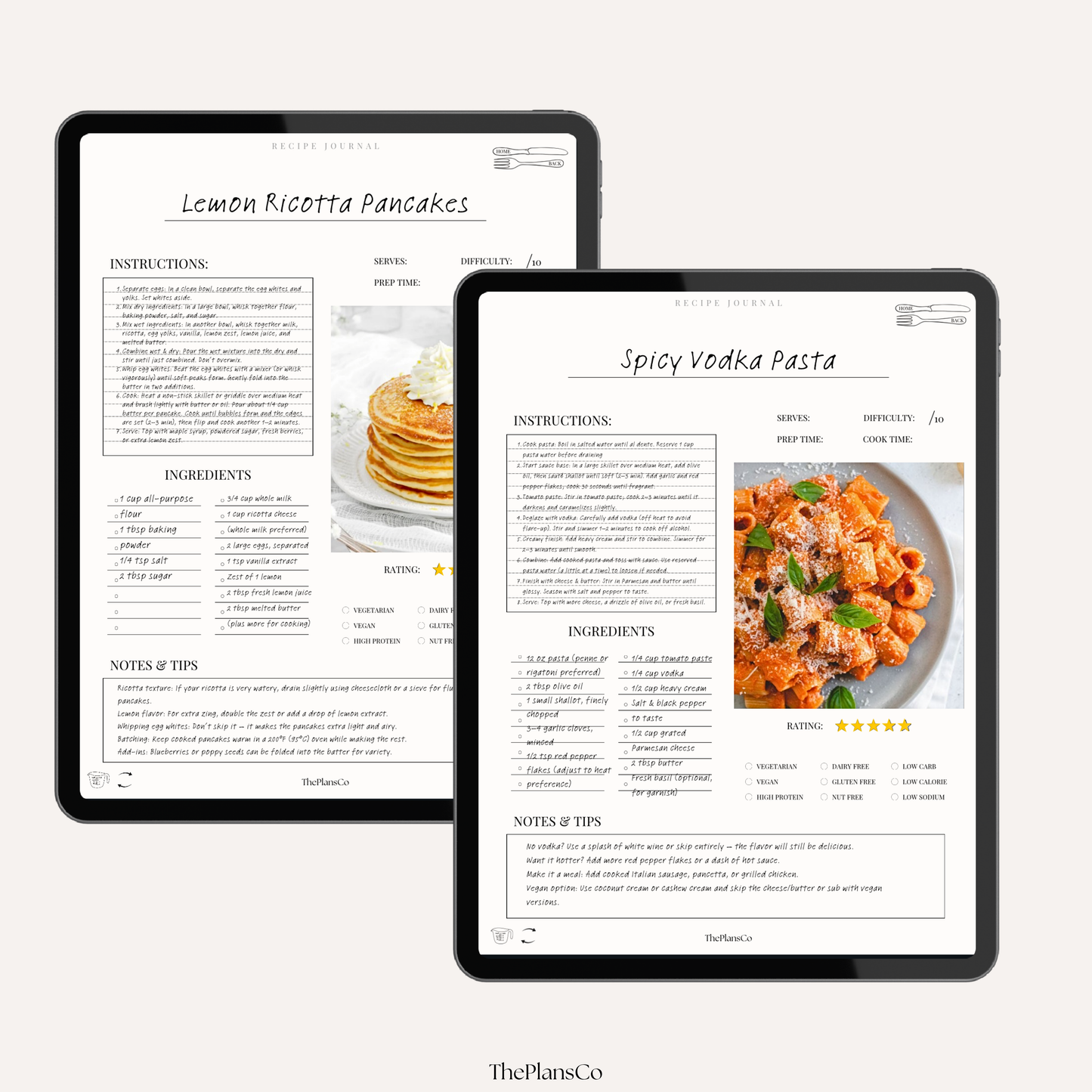 This digital recipe journal is the perfect tool for organizing your favorite meals, recording treasured family recipes, and planning everything from everyday dinners to special holiday feasts. Designed with a clean, minimalist layout, it includes dedicated space for ingredients, step-by-step instructions, notes, and even personal touches like who enjoyed the meal or when it was served. Whether you use it on your iPad in Goodnotes or print it for your kitchen binder, this journal keeps your recipes beautiful
