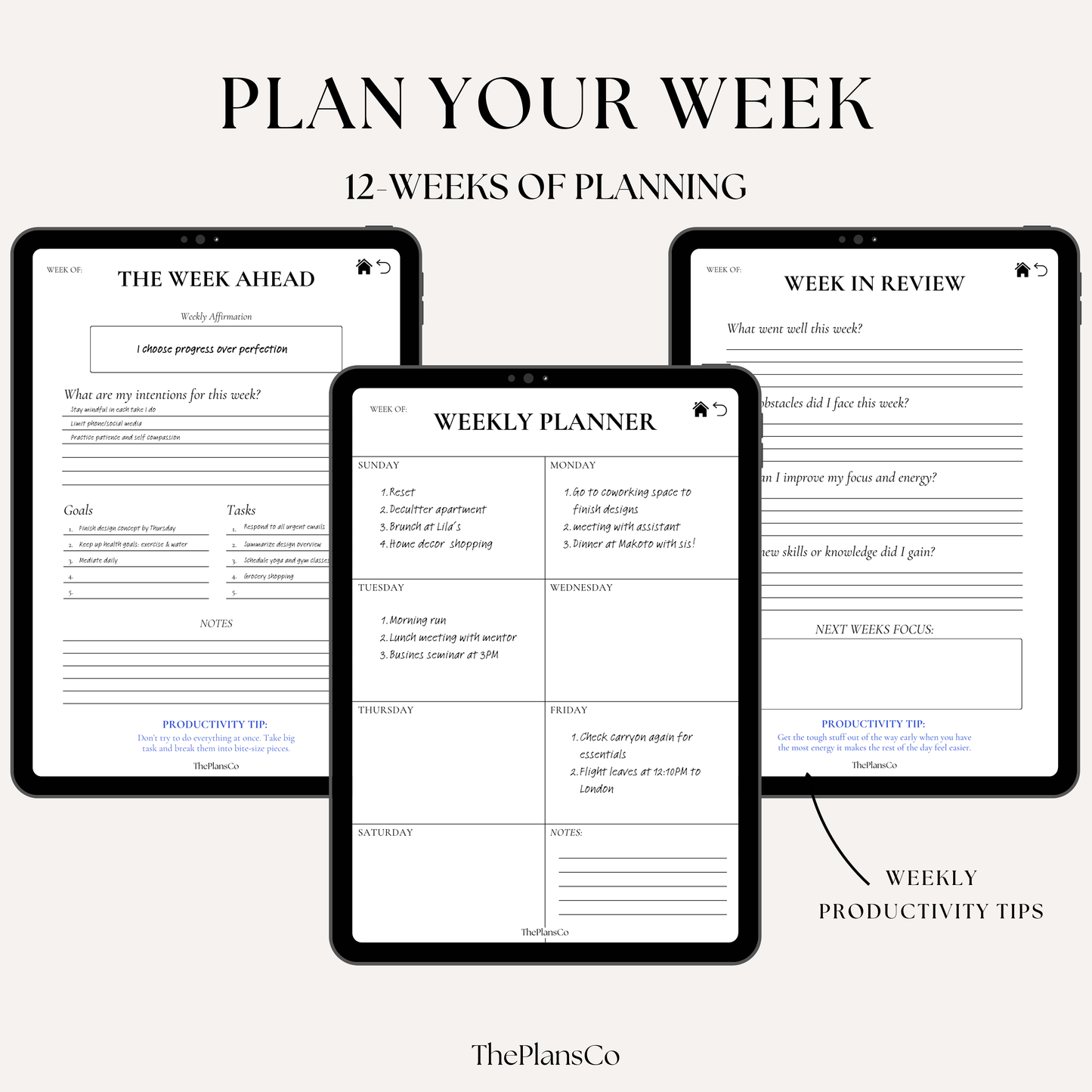 Boost your productivity and create your dream lifestyle with this 12-week planner, designed to help you stay on track, set actionable goals, and maintain focus. This goal-setting planner features daily, weekly, and monthly planning pages, task management tools, habit trackers, motivational quotes, and daily reflection sections to keep you inspired and organized. With a motivation tracker and intentional journal prompts, you’ll stay motivated and disciplined while building effective routines. Whether you’re