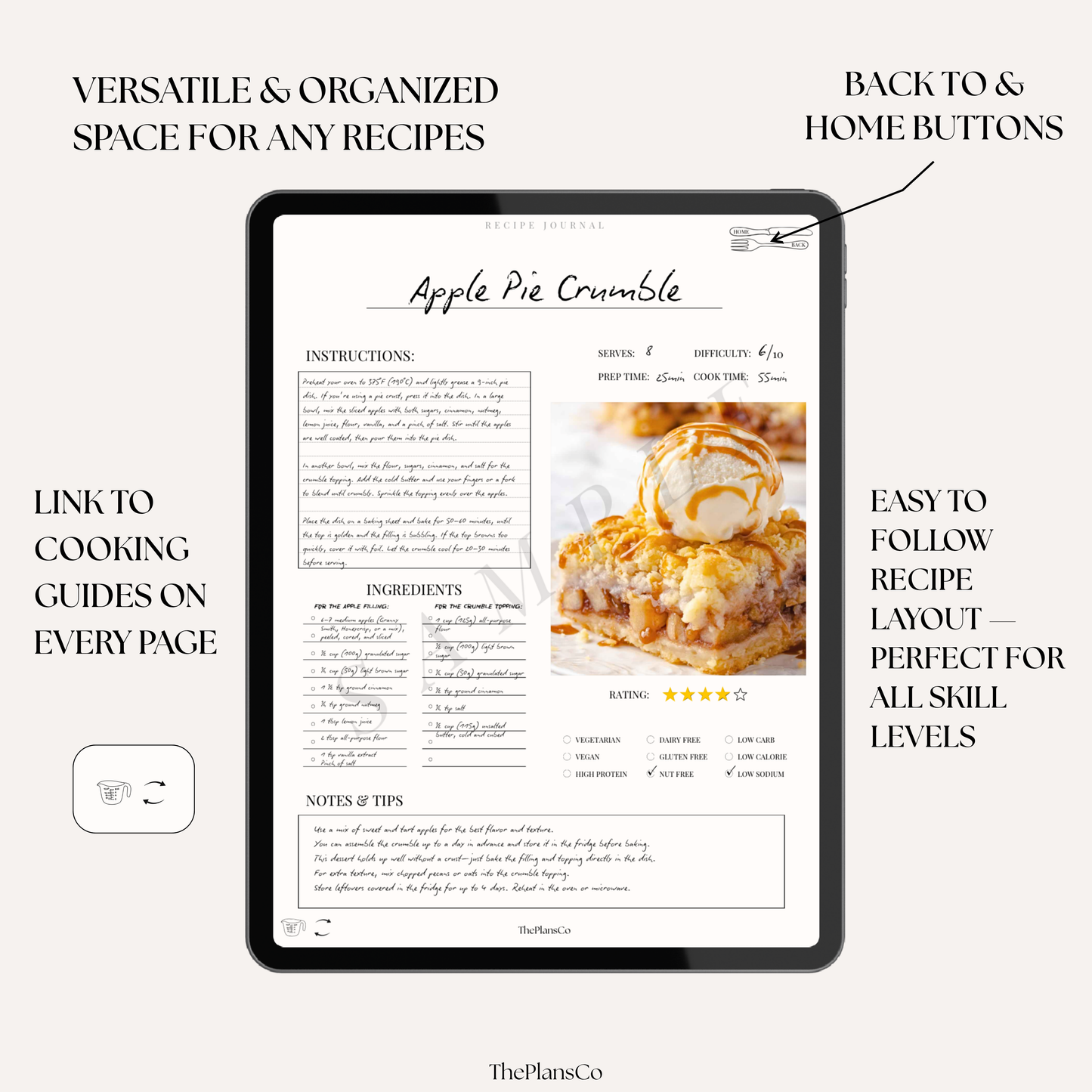 This digital recipe journal is the perfect tool for organizing your favorite meals, recording treasured family recipes, and planning everything from everyday dinners to special holiday feasts. Designed with a clean, minimalist layout, it includes dedicated space for ingredients, step-by-step instructions, notes, and even personal touches like who enjoyed the meal or when it was served. Whether you use it on your iPad in Goodnotes or print it for your kitchen binder, this journal keeps your recipes beautiful