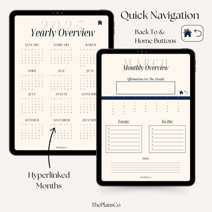 Digital New Year Productivity Goal-Setting Planner designed for organization and success in 2025, featuring minimalist layouts with daily, weekly, and monthly templates. This downloadable PDF is perfect for tracking and achieving goals, habit building, and personal growth. Compatible with GoodNotes and other digital apps, it includes customizable layouts, motivational pages, and tools for planning New Year resolutions with ease. Ideal for individuals seeking an aesthetic and functional planner to stay produ