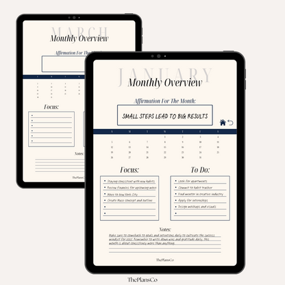 Digital New Year Productivity Goal-Setting Planner designed for organization and success in 2025, featuring minimalist layouts with daily, weekly, and monthly templates. This downloadable PDF is perfect for tracking and achieving goals, habit building, and personal growth. Compatible with GoodNotes and other digital apps, it includes customizable layouts, motivational pages, and tools for planning New Year resolutions with ease. Ideal for individuals seeking an aesthetic and functional planner to stay produ