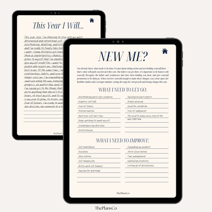 Digital New Year Productivity Goal-Setting Planner designed for organization and success in 2025, featuring minimalist layouts with daily, weekly, and monthly templates. This downloadable PDF is perfect for tracking and achieving goals, habit building, and personal growth. Compatible with GoodNotes and other digital apps, it includes customizable layouts, motivational pages, and tools for planning New Year resolutions with ease. Ideal for individuals seeking an aesthetic and functional planner to stay produ