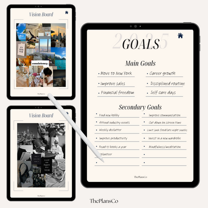 Digital New Year Productivity Goal-Setting Planner designed for organization and success in 2025, featuring minimalist layouts with daily, weekly, and monthly templates. This downloadable PDF is perfect for tracking and achieving goals, habit building, and personal growth. Compatible with GoodNotes and other digital apps, it includes customizable layouts, motivational pages, and tools for planning New Year resolutions with ease. Ideal for individuals seeking an aesthetic and functional planner to stay produ